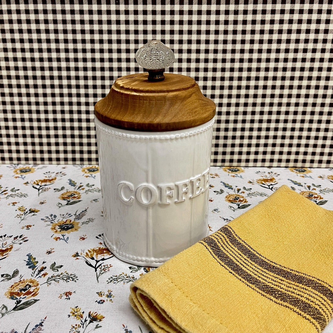 Ceramic Coffee Canister with a wooden lid and glass knob with embossed beading and lettering.