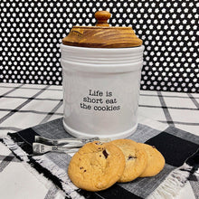 Load image into Gallery viewer, Ceramic Cookie Jar with wooden lid a fun message and tongs.