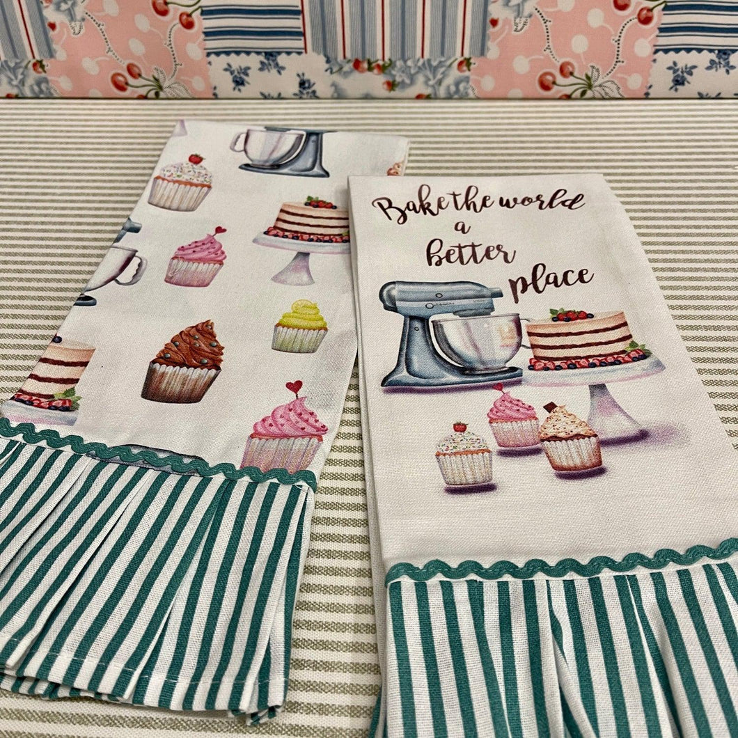 Set of Cupcake Tea Towels in pastel colors.