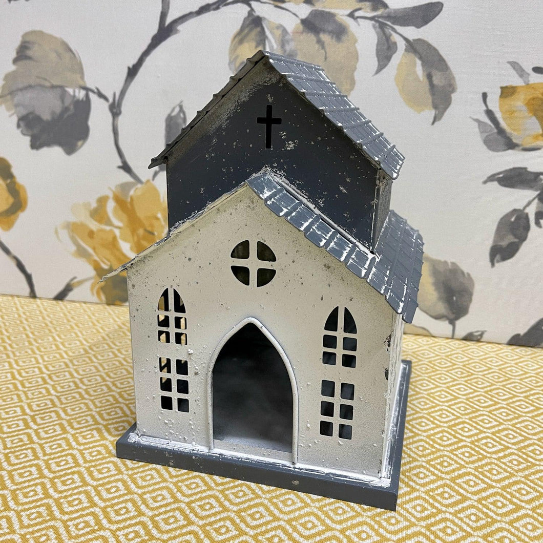 Metal Decorative Church House with amazing details and distressing in gray and white.
