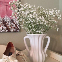 Load image into Gallery viewer, White vase with handles displayed with flowers, fancy lady’s shoes