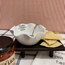 Load image into Gallery viewer, Bright white Dip Bowl Set with 'Nacho ordinary salsa' bowl and ladle.