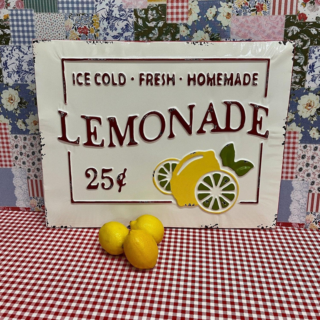 Enamel Lemonade sign with bright colors and fun graphics.