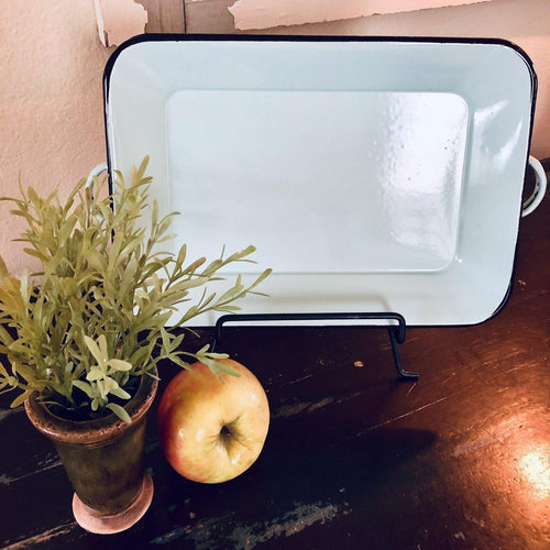 Pretty duck egg blue Enamel Tray trimmed in black, oval or rectangular.