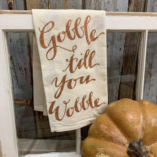 Fall dish towel with gld lettering Gobble Gobble
