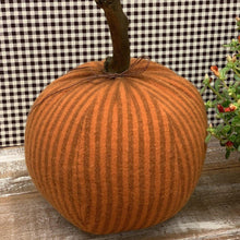 Load image into Gallery viewer, Large handmade pumpkin in orange striped fabric with wood stem