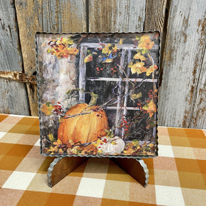 Fall print framed in corrugated metal with pumpkin and Fall leaves