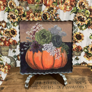 Fall artwork framed in corrugated metal with pumpkin and succulents