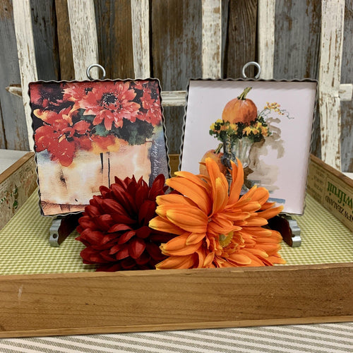 Fall framed prints with mums and urn of pumpkins