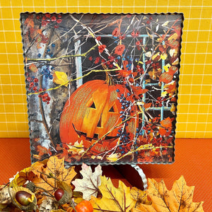 Jank O' Lantern Fall Framed Art print with colorful autumn leaves.