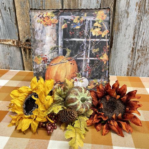 Fall print framed in corrugated metal with pumpkin and Fall leaves