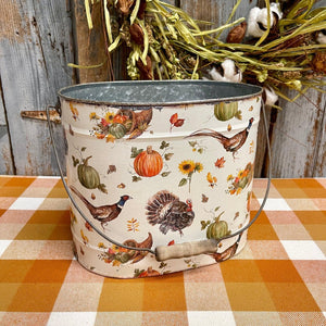 Large Metal Fall Bucket in the seasonal colors of autumn.