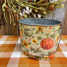 Load image into Gallery viewer, Medium Metal Fall Buckets in the seasonal colors of autumn.