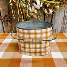 Load image into Gallery viewer, Small Plaid Metal Fall Bucket in the seasonal colors of autumn.