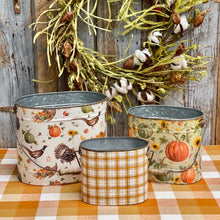 Load image into Gallery viewer, Metal Fall Buckets in the seasonal colors of autumn.