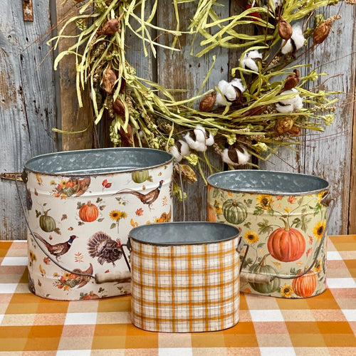 Metal Fall Buckets in the seasonal colors of autumn.