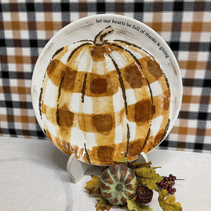 Fall platter with checked pumpkin with thankful message