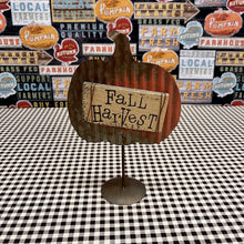 Load image into Gallery viewer, Fall Harvest metal pumpkin on stand with message sign on salvaged wood