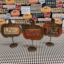 Load image into Gallery viewer, Metal Fall pumpkins on stands with message signs on salvaged wood