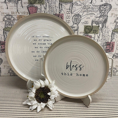 Stoneware Family Sentiment Serving Platters with sweet messages.