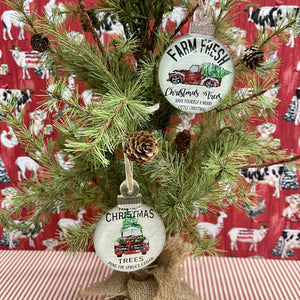 Farm fresh Christmas ornaments with truck and car designs