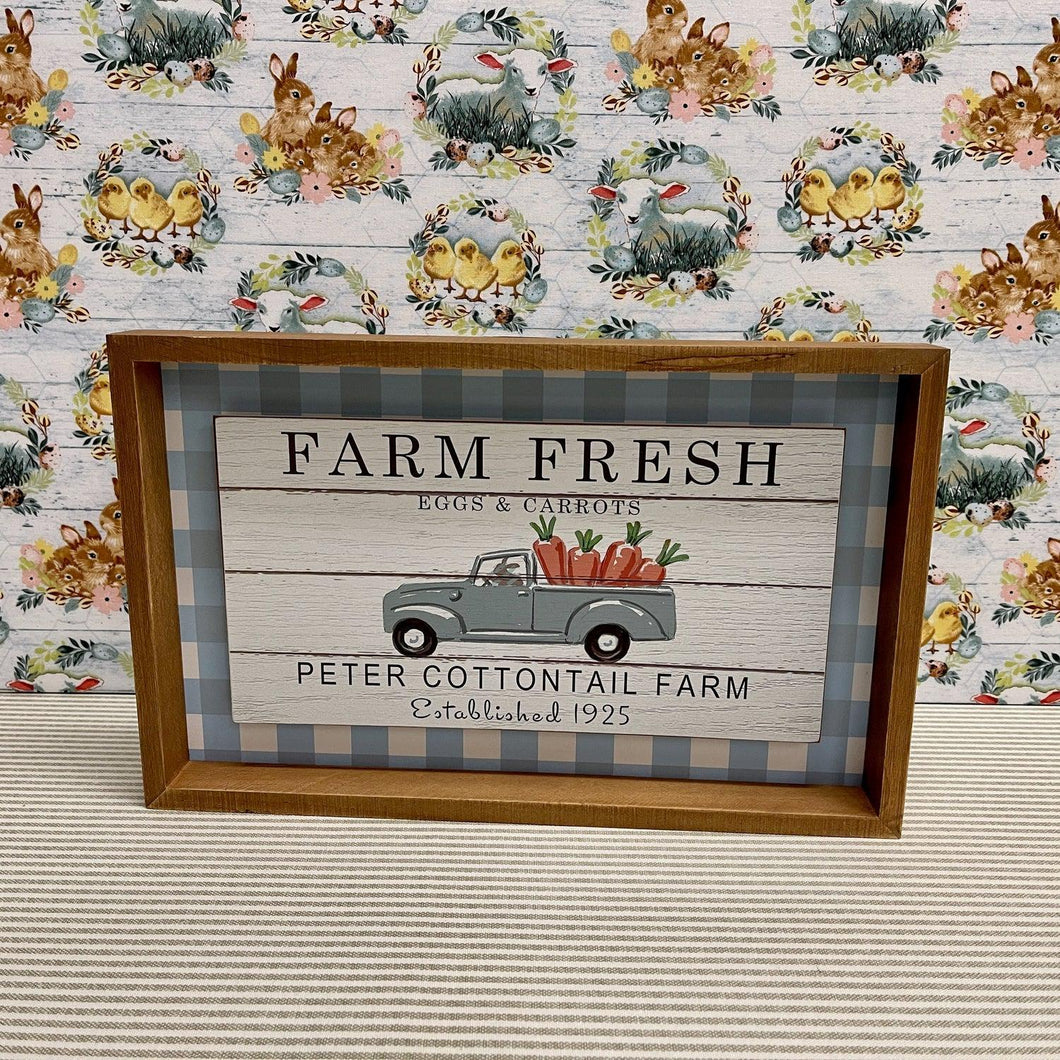 Farm Fresh Shadow Box Sign with wood frame, blue checks and farm truck.