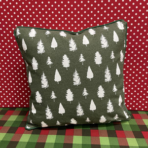 Green Christmas pillow with trees and a reverse side with Farm Fresh Trees 