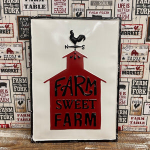 Enamel "Farm Sweet Farm" Farmhouse Sign with a red barn and rooster weather vane.
