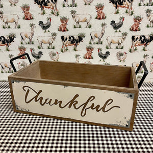 'Thankful' Farmhouse Box with metal cutout sign and handles.