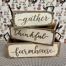 Load image into Gallery viewer, Farmhouse Boxes with metal cutout signs and handles.