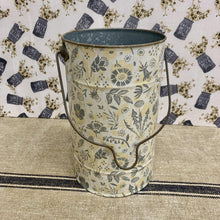 Load image into Gallery viewer, Farmhouse metal bucket with floral design in grays and yelloe