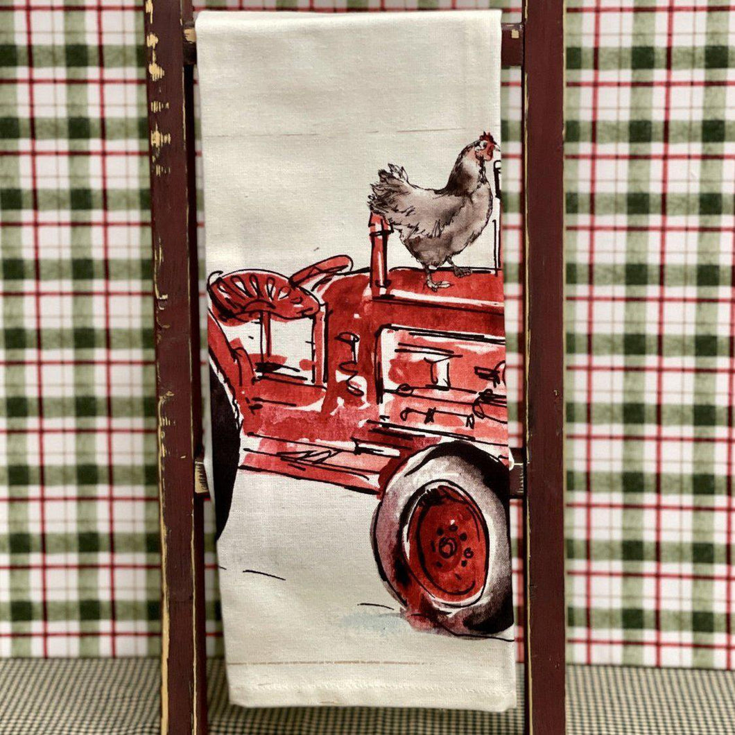 Tractor Christmas kitchen towel with chicken