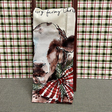 Load image into Gallery viewer, Christmas cow kitchen towel with fancy bow