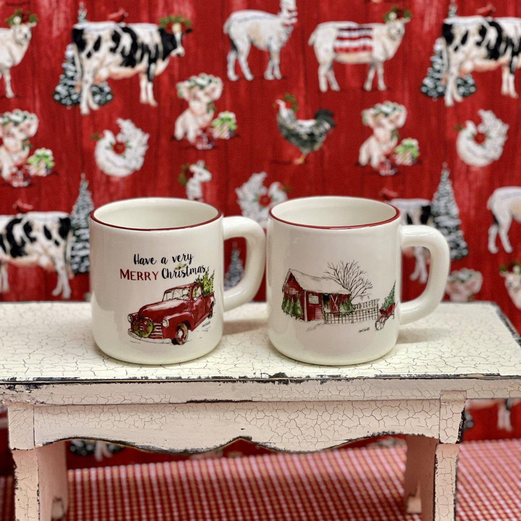 Farmhouse Christmas mugs with farm truck and red barn