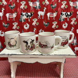 Farmhouse Christmas mugs with country designs