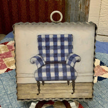 Load image into Gallery viewer, Framed print with blue gingham chair