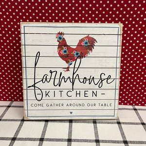 Large wood block sign for a farmhouse kitchen with a colorful chicken.