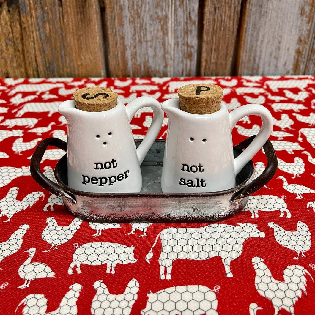 Farmhouse Salt & Pepper Shakers with metal tray.