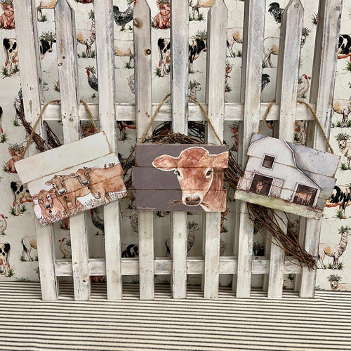 Set of three Farmhouse Wall Hangings with country scenes.