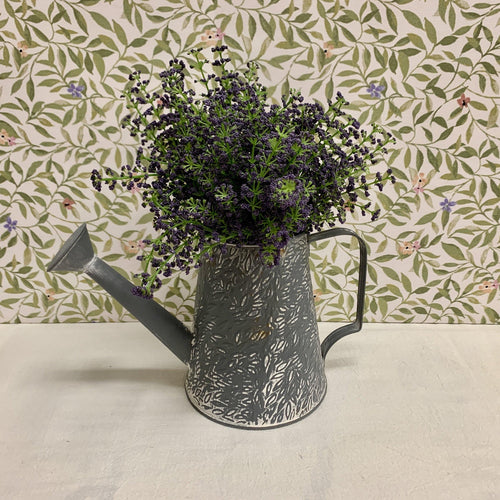 Metal watering can with leaf design, handle and spout