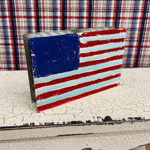 Load image into Gallery viewer, Small corrugated metal box sign with red, white and blue flag.