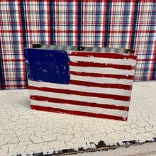 Load image into Gallery viewer, Small corrugated metal box sign with red, white and blue flag.
