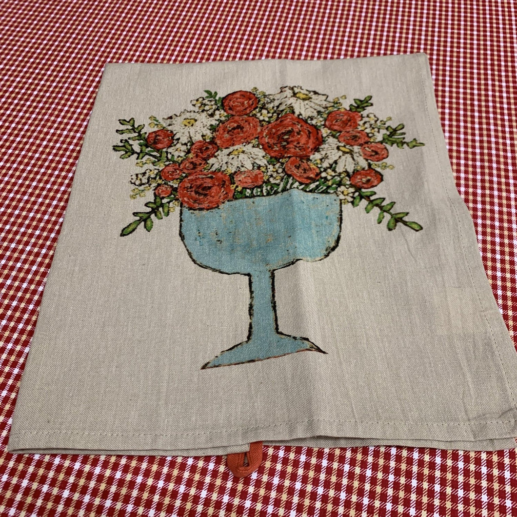 Beautiful cotton dish towel with a flowers arranged in a blue vase