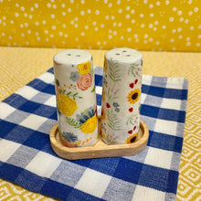 Load image into Gallery viewer, Floral Salt &amp; Pepper Shakers with wooden tray.