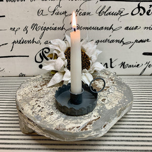 Fluted metal gray candle pan with battery taper candle