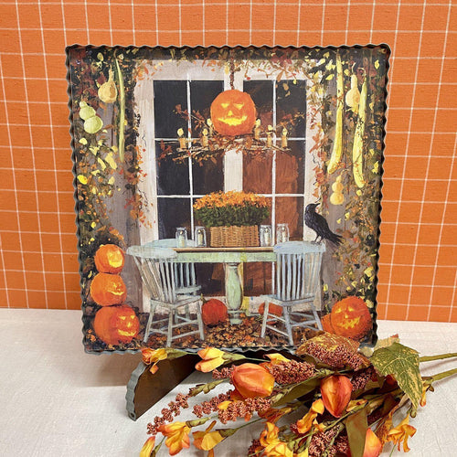 Corrugated metal framed Front Porch Scene with Fall colors