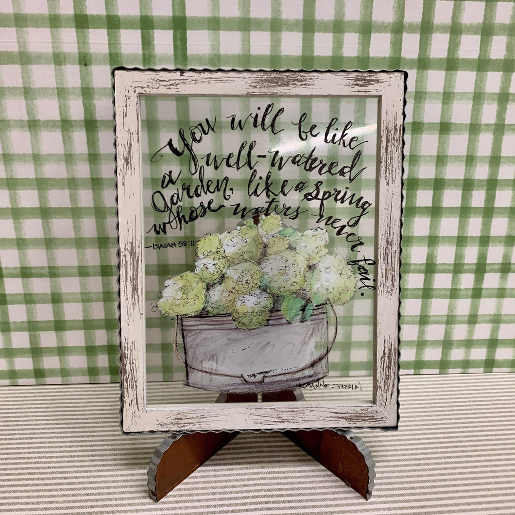 Framed print on glass with inspirational message and florals