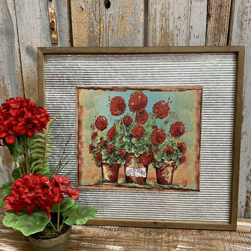 Floral print framed with corrugated metal and wood