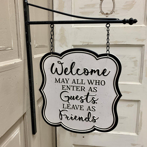 Friends metal hanging sign with welcome message and hanging bracket