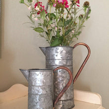 Load image into Gallery viewer, Galvanized watering cans small and large with copper curved handles 
